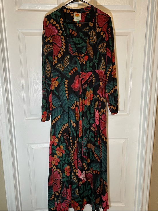 FARM Rio Dresses & Skirts - FARM Rio Black Floral V‑Neck Long Sleeve Maxi Dress with Green, Pink and Orange